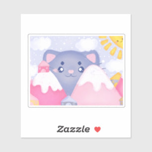 Whimsical Cat and Winter Mountains With A Cute Sun