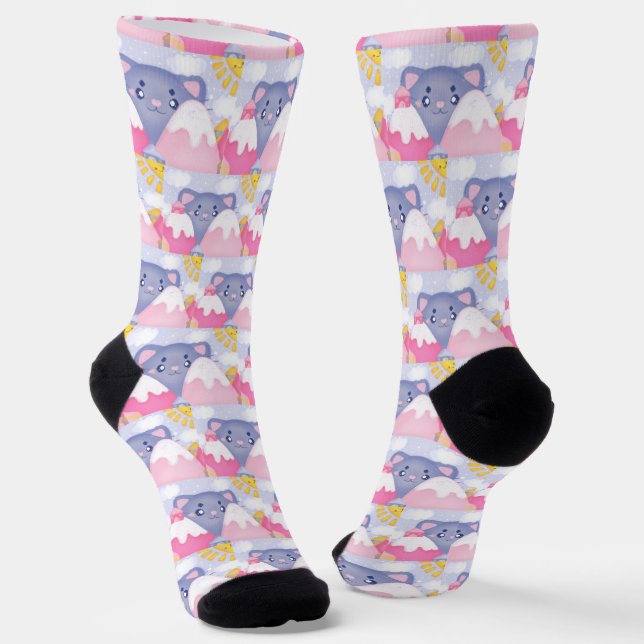 Whimsical Cat and Winter Mountains With A Cute Sun Socks (Angled)