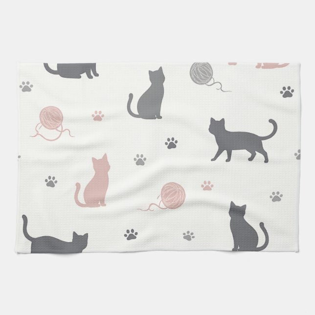 Whimsical Cat and Yarn Silhouette Pattern Kitchen Towel (Horizontal)