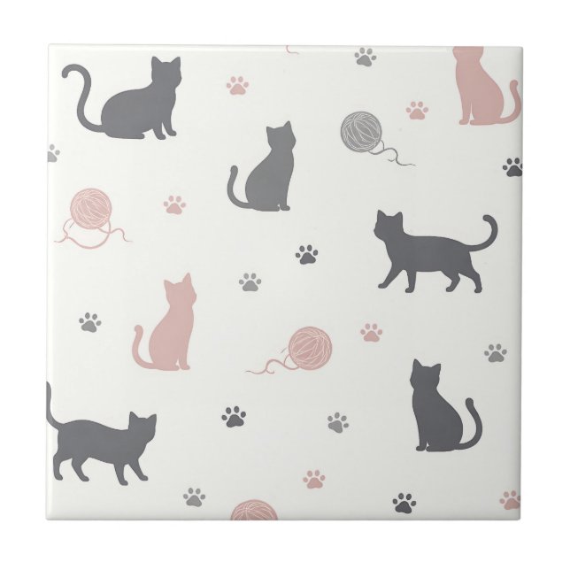 Whimsical Cat and Yarn Silhouette Pattern Tile (Front)