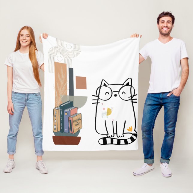 Whimsical Cat & Bookshelf Fleece Blanket (In Situ)