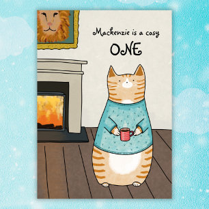 Whimsical Cat Cosy ONE Cat Winter 1st Birthday  Invitation