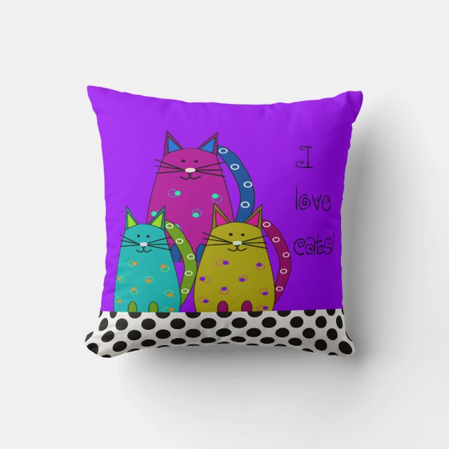 Whimsical Cat Face Pillow Purple and Polka Dots (Front)