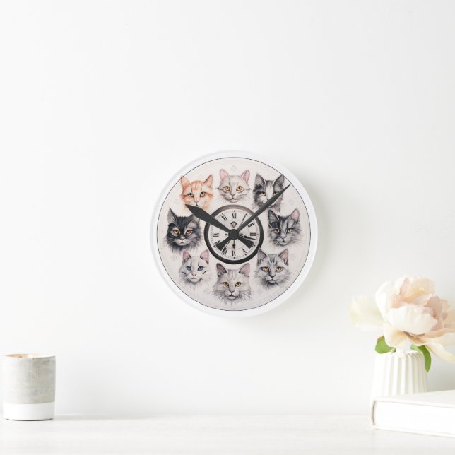 Whimsical Cat Faces Charming Feline Design Round Clock (Home)