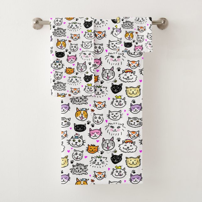 Whimsical Cat Faces Pattern Bath Towel Set (Insitu)