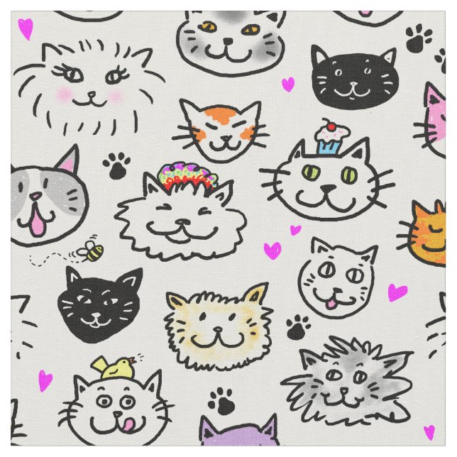 Whimsical Cat Faces Pattern Fabric (Close Up)