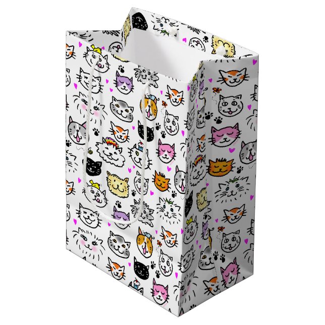 Whimsical Cat Faces Pattern Medium Gift Bag (Front Angled)