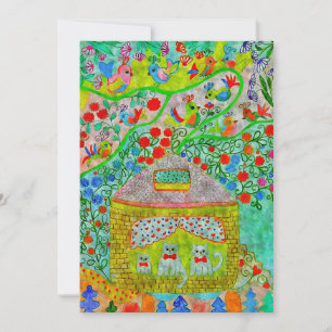 Whimsical Cat Family in Cozy House Flat Card