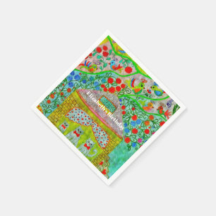 Whimsical Cat Family & Storybook Cottage Party Napkin