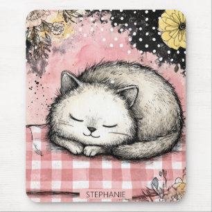 Whimsical Cat Floral Watercolor Art Mouse Pad