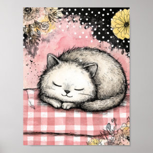 Whimsical Cat Floral Watercolor Art Poster