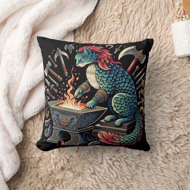 Whimsical Cat Forging Weapons at Fantasy Workshop Throw Pillow (Blanket)