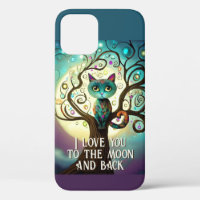 Whimsical Cat Full Moon Artwork I Love You