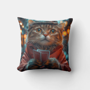 Whimsical Cat Gambler - Playful Feline Artwork Throw Pillow