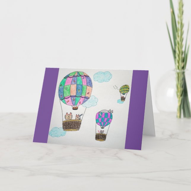 Whimsical Cat In A Hot Air Balloon Card (Front)