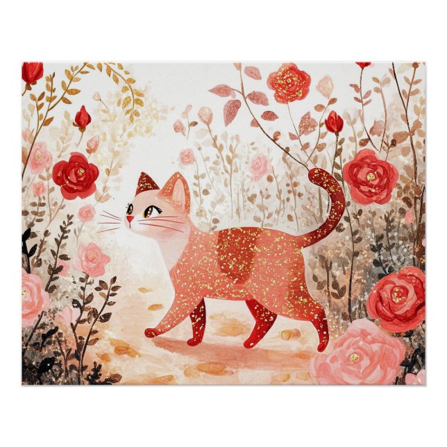 Whimsical. Cat in a rose garden. Poster (Front)