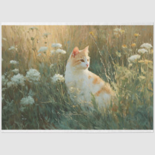 Whimsical Cat in a Wildflower Field Decoupage Tissue Paper