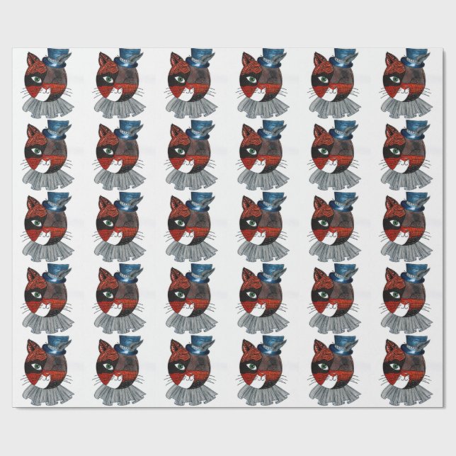 Whimsical Cat in Top Hat Zentangle Doodle Wrapping Paper (Flat)