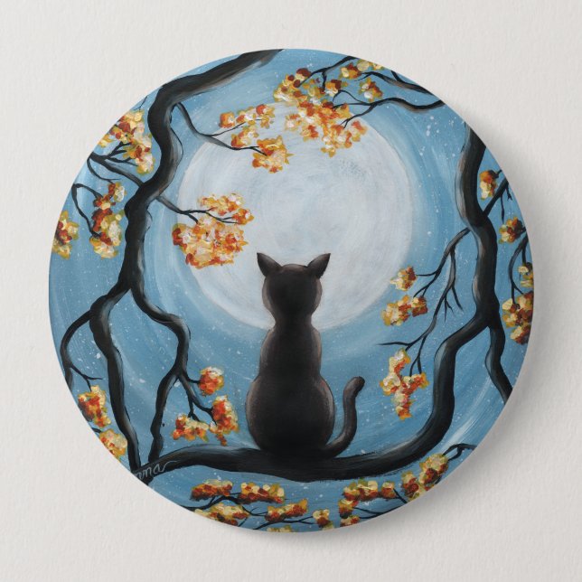 Whimsical Cat in Tree Full Moon Painting 4 Inch Round Button (Front)