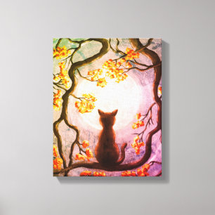 Whimsical Cat in Tree Full Moon Painting Art Canvas Print