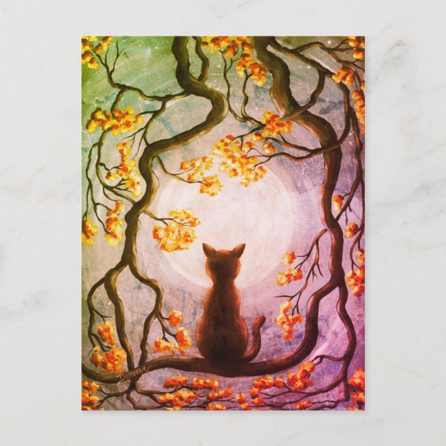 Whimsical Cat in Tree Full Moon Painting Art Postcard (Front)