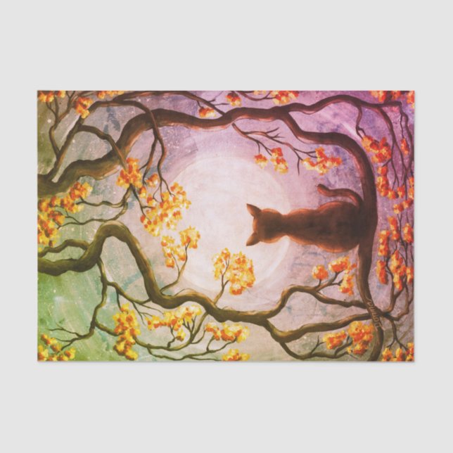 Whimsical Cat in Tree Full Moon Painting Art Tissue Paper (Front)