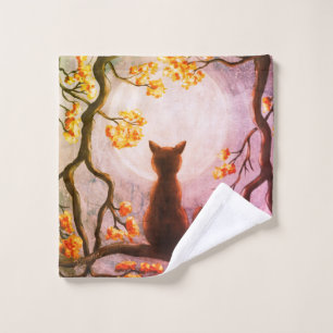Whimsical Cat in Tree Full Moon Painting Art Wash Cloth