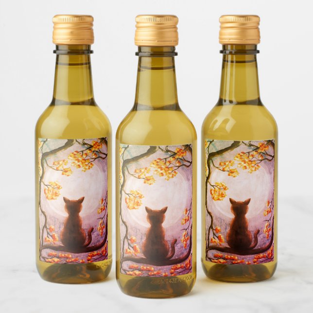Whimsical Cat in Tree Full Moon Painting Art Wine Label (Bottles)