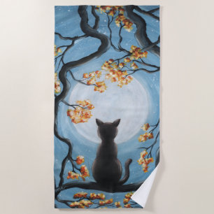 Whimsical Cat in Tree Full Moon Painting Beach Towel