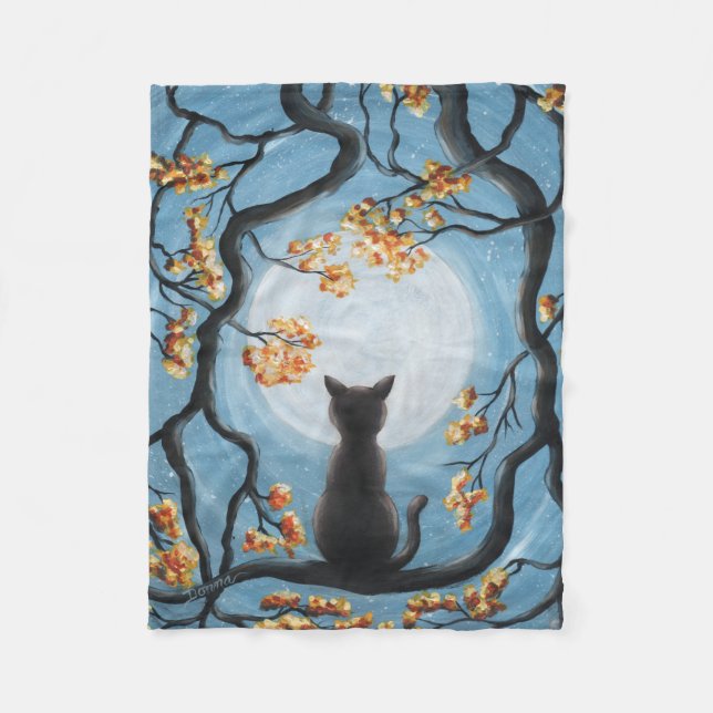 Whimsical Cat in Tree Full Moon Painting Fleece Blanket (Front)
