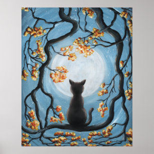 Whimsical Cat in Tree Full Moon Painting Poster