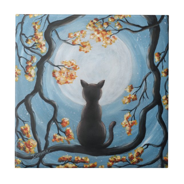 Whimsical Cat in Tree Full Moon Painting Tile (Front)