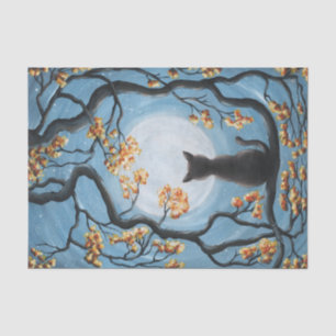 Whimsical Cat in Tree Full Moon Painting Tissue Paper