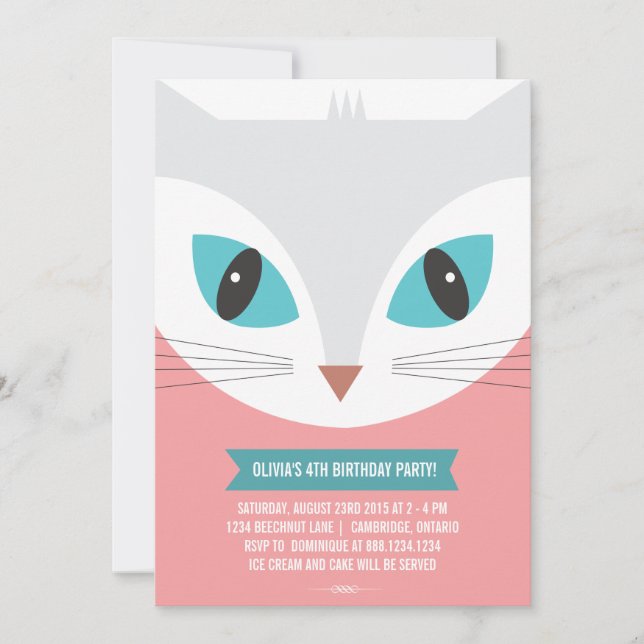 WHIMSICAL CAT KIDS BIRTHDAY PARTY INVITATION (Front)