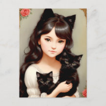 Whimsical Cat Lady - Vintage Painting. Postcard