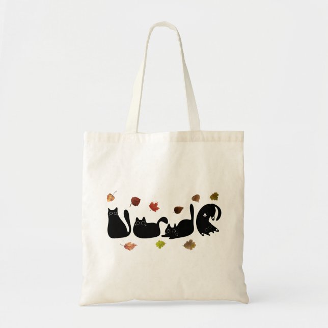 Whimsical Cat Line Art with Autumn Leaves Tote Bag (Front)