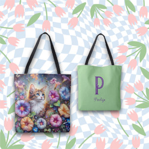 Whimsical Cat Morning Glory Garden Monogram Tote Bag
