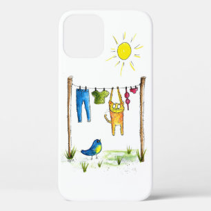 Whimsical Cat on a Clothesline iPhone 12 Case