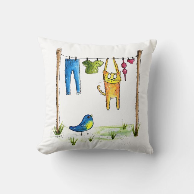 Whimsical Cat on a Clothesline Throw Pillow (Front)