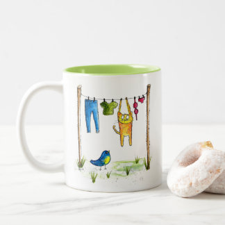 Whimsical Cat on a Clothesline Two-Tone Coffee Mug