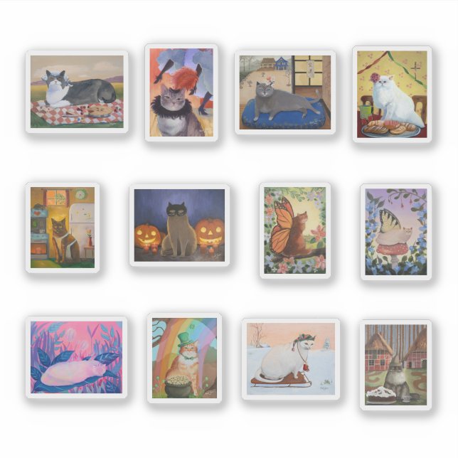 Whimsical Cat Paintings Portraits Sticker Sheet (Front)