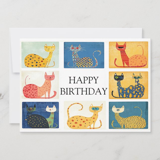 Whimsical Cat Parade Birthday Card (Front)