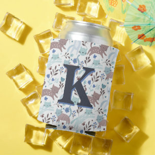 Whimsical Cat Pattern, Blue Gray Monogram Can Cooler
