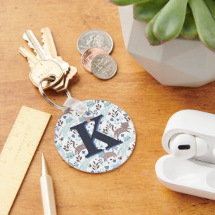 Whimsical Cat Pattern, Blue Gray Monogram Keychain