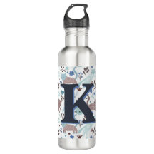 Whimsical Cat Pattern, Blue Grey Monogram