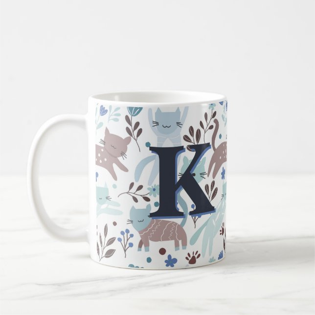 Whimsical Cat Pattern, Blue Grey Monogram Coffee Mug (Left)