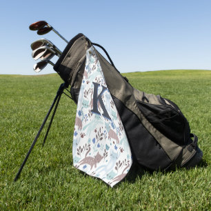 Whimsical Cat Pattern, Blue Grey Monogram Golf Towel