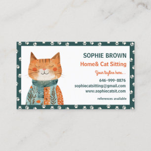 Whimsical Cat Paw Pattern Home& Cat Sitting Business Card