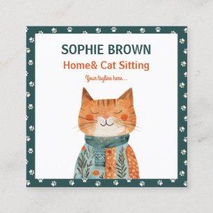Whimsical Cat Paw Pattern Home& Cat Sitting Square Business Card