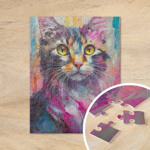 Whimsical Cat Portrait Abstract Modern Art Jigsaw Puzzle
